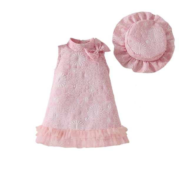 Vestido sin mangas de cuello redondo hasta la rodilla para niñas de verano, color sólido, cuello alto, estampado floral, lazo de malla, vestido decorativo + sombrero, conjunto de dos piezas, vestido d