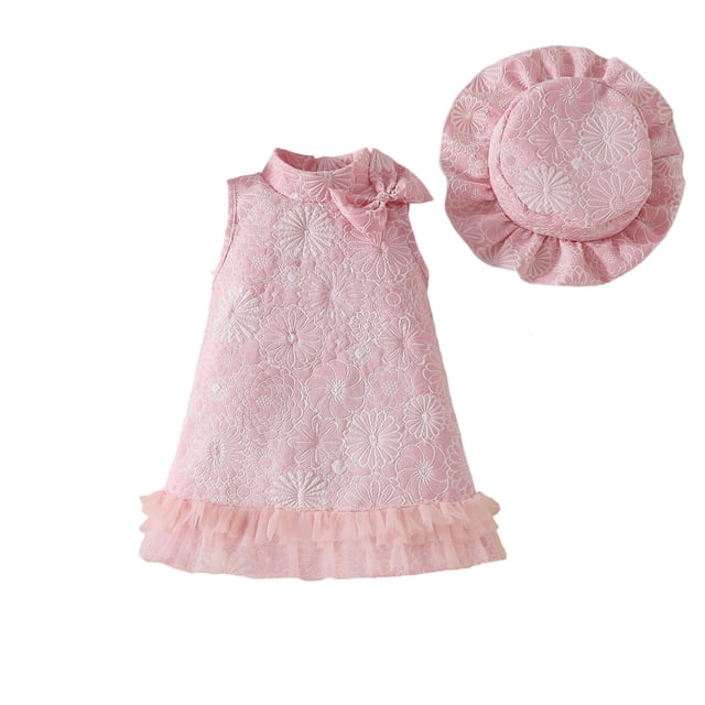 Vestido sin mangas de cuello redondo hasta la rodilla para niñas de verano, color sólido, cuello alto, estampado floral, lazo de malla, vestido decorativo + sombrero, conjunto de dos piezas, vestido d