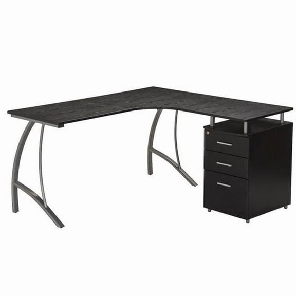Modern L- Shaped Computer Desk with File Cabinet & Storage, Espresso - 30 x 59 x 55 in.