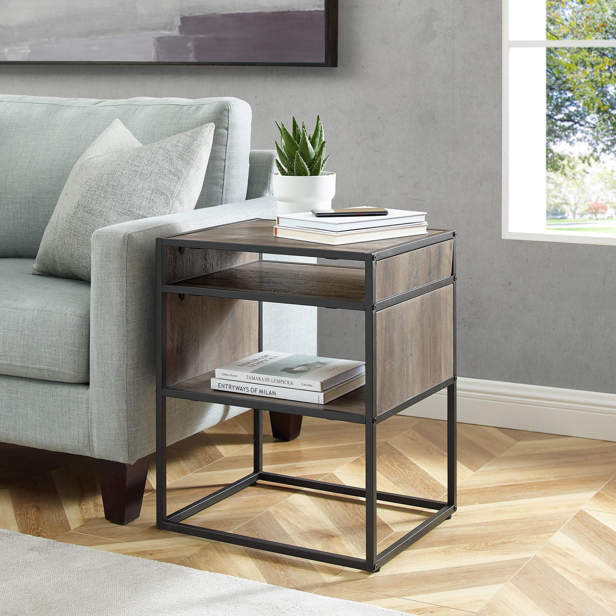 Delacora WeBdf20jer Columbus 20" W Open Concept Urban Industrial Side Table Grey