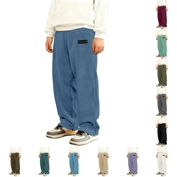 FYDUU Boy's Corduroy Pants Kids School Uniform Pants Elastic Waist Straight Leg Trousers Loose Fit Casual Joggers Fall Winter Long Pants Versatile Slacks 15-16 Years