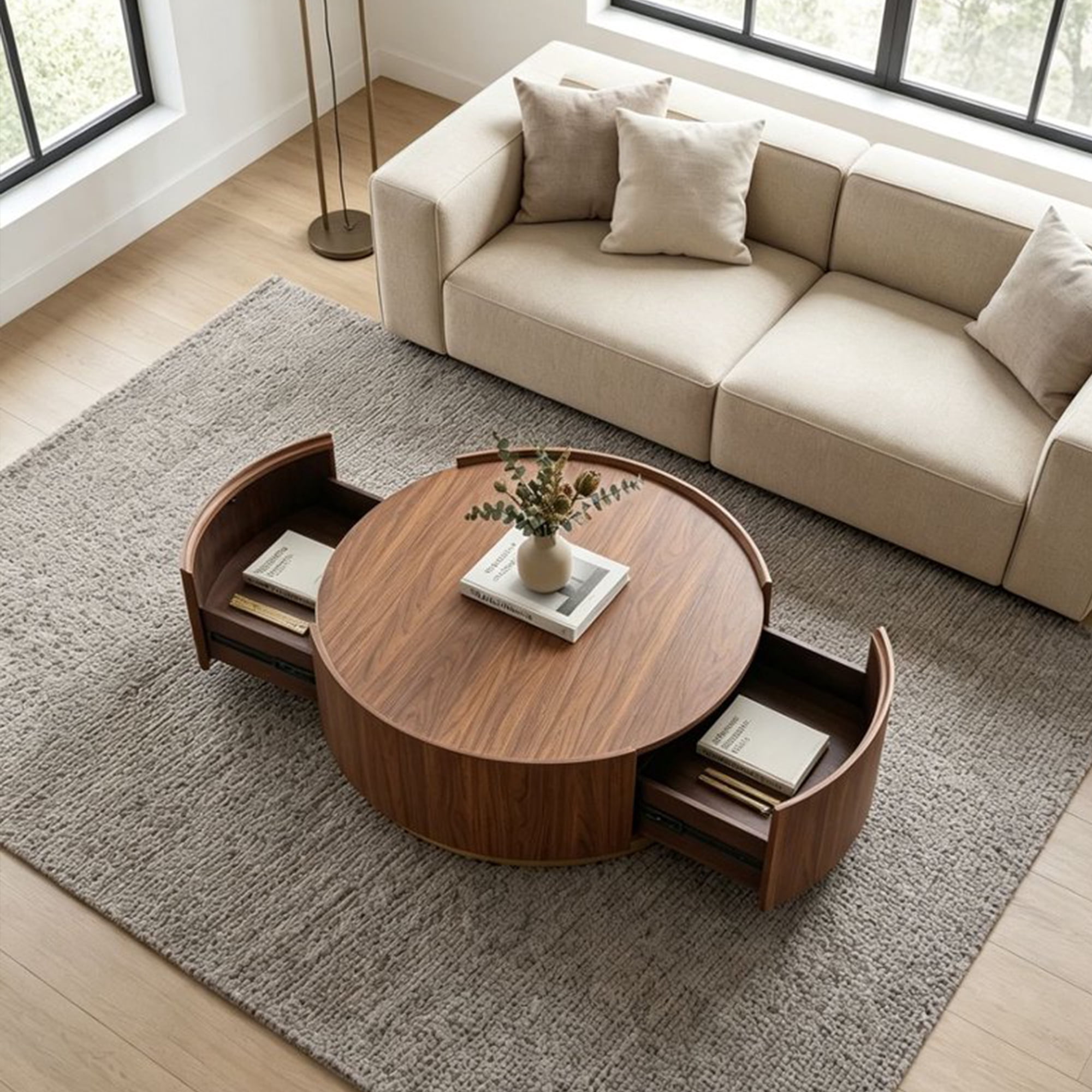 Leumius Modern Round Coffee Table with 2 Hidden Storage Drawers, Walnut Wood Finish Drum Circle Coffee Table with Storage for Living Room Bedroom