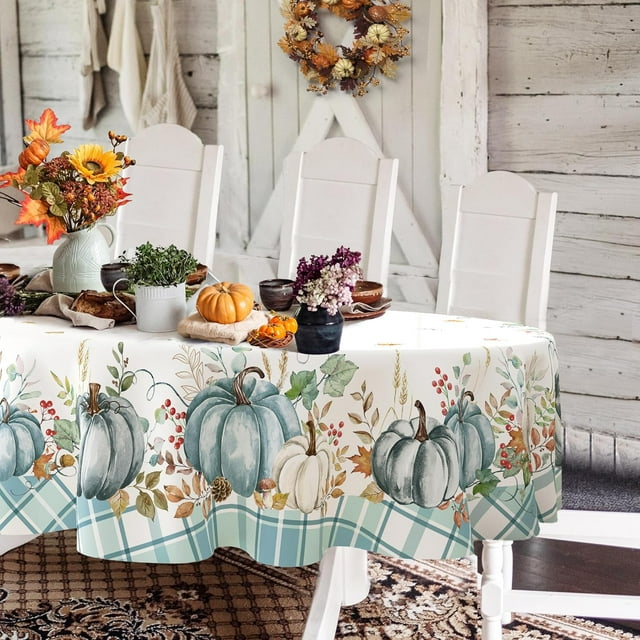 Nappe Ovale d'Automne, Nappe Citrouille de Récolte d'Automne pour l'Action de Grâce, Nappe Durable Imperméable et Résistante aux Plis en Polyester à Carreaux Buffalo Bleu et Blanc pour l'Automne, l'Action de Grâce, Déco Maison 60x120 Po