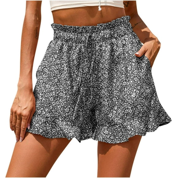 Women's Casual Shorts Elastic High Waist Ruffle Hem Floral Print Comfy Summer Beach Short Lounge Pants with Pockets