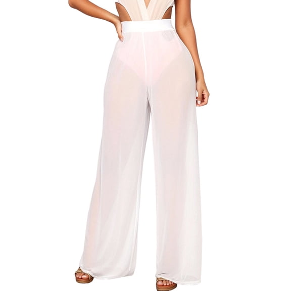 ANINEO Women Solid Color Wide Leg Mesh Sheer Loose Pants High Waisted Straight Bottom Long Pants Classic Daily Female Trousers