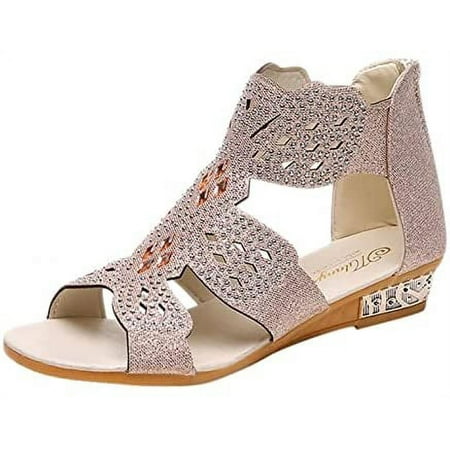 

Wedge Sandals for Women Dressy Crystal Flat Set with Strap Hollow Open Toe Flip-Flop Casual Slim Roman Shoes