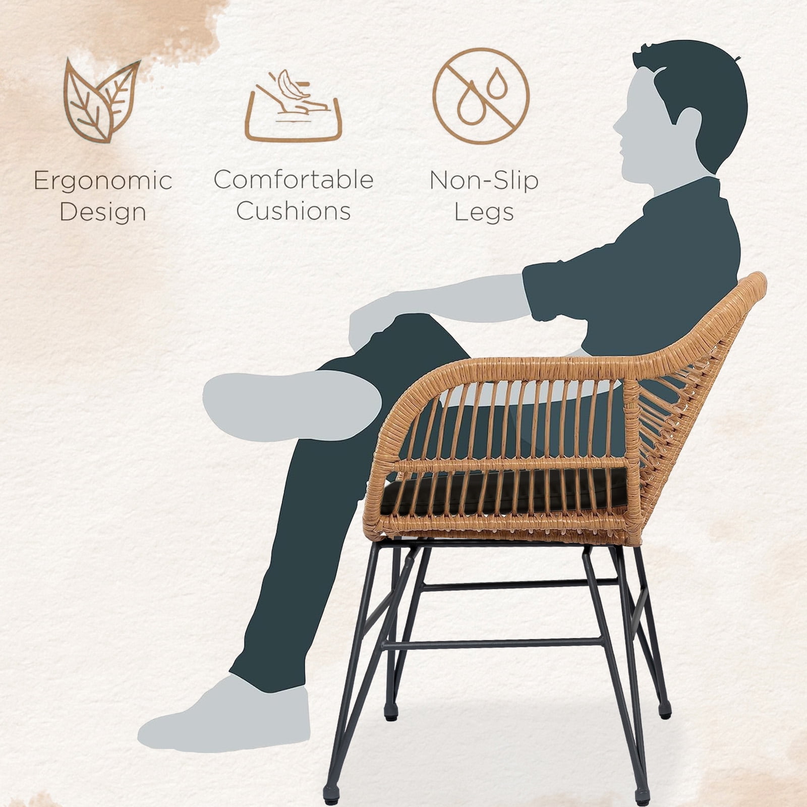 Tappio 3 Piece Outdoor Wicker Furniture Patio Bistro Set, PE Rattan Patio Chairs Set w/Table & Cushions, Modern Outdoor Patio Furniture for Porch Poolside Garden, Black