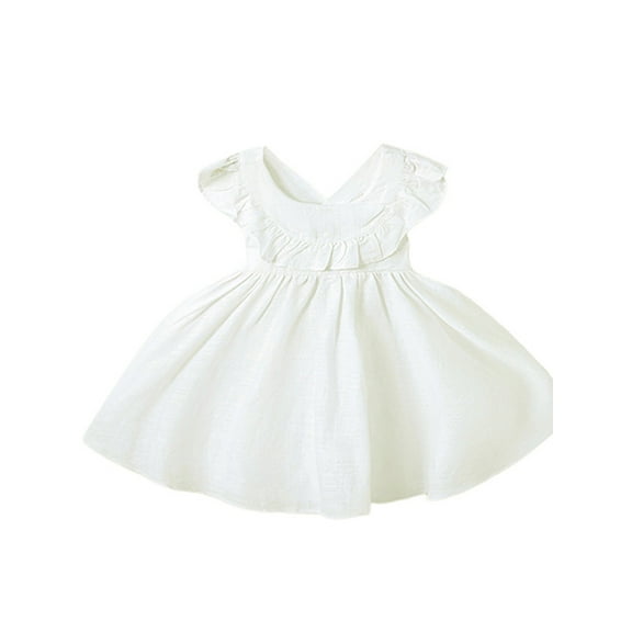 Kids Little Girl Cotton Linen Dress 12 24 Months 2T 3T 4T 5T Solid Color Ruffle Trim A-line Princess Tank Dresses Casual Summer Clothes