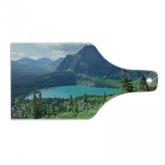 Glacier National Park Cutting Board, Outdoor Scene with Grinnell Lake and Mountains in Summer Season, Decorative Tempered Glass Cutting and Serving Board, in 3 Sizes, by Ambesonne