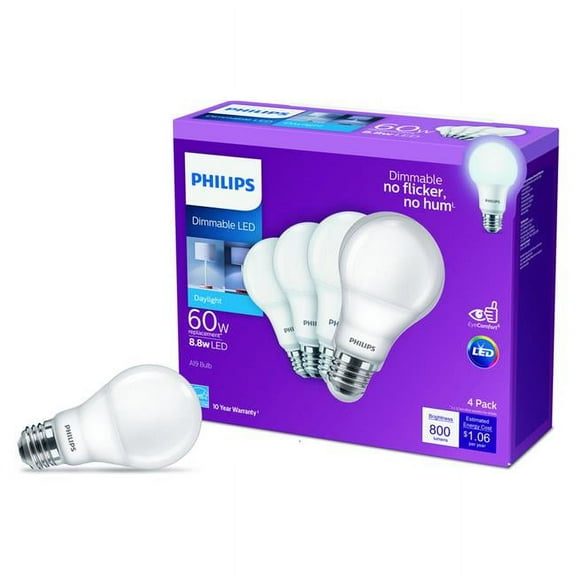 Philips 3001752 60 watt Equivalence A19 E26 Medium LED Bulb, Daylight - Pack of 4