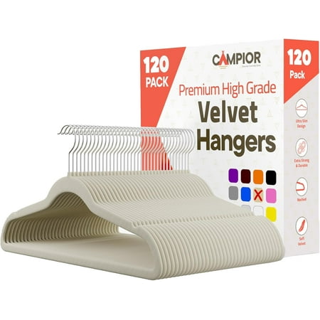 Ivory Velvet Hangers 120 Pack – Heavy-Duty 11 lbs Capacity, 360° Swivel Hook, Non-Slip & Space-Saving Design – Smooth Velvet Finish for Crease-Free Clothes & Effortless Closet Organization