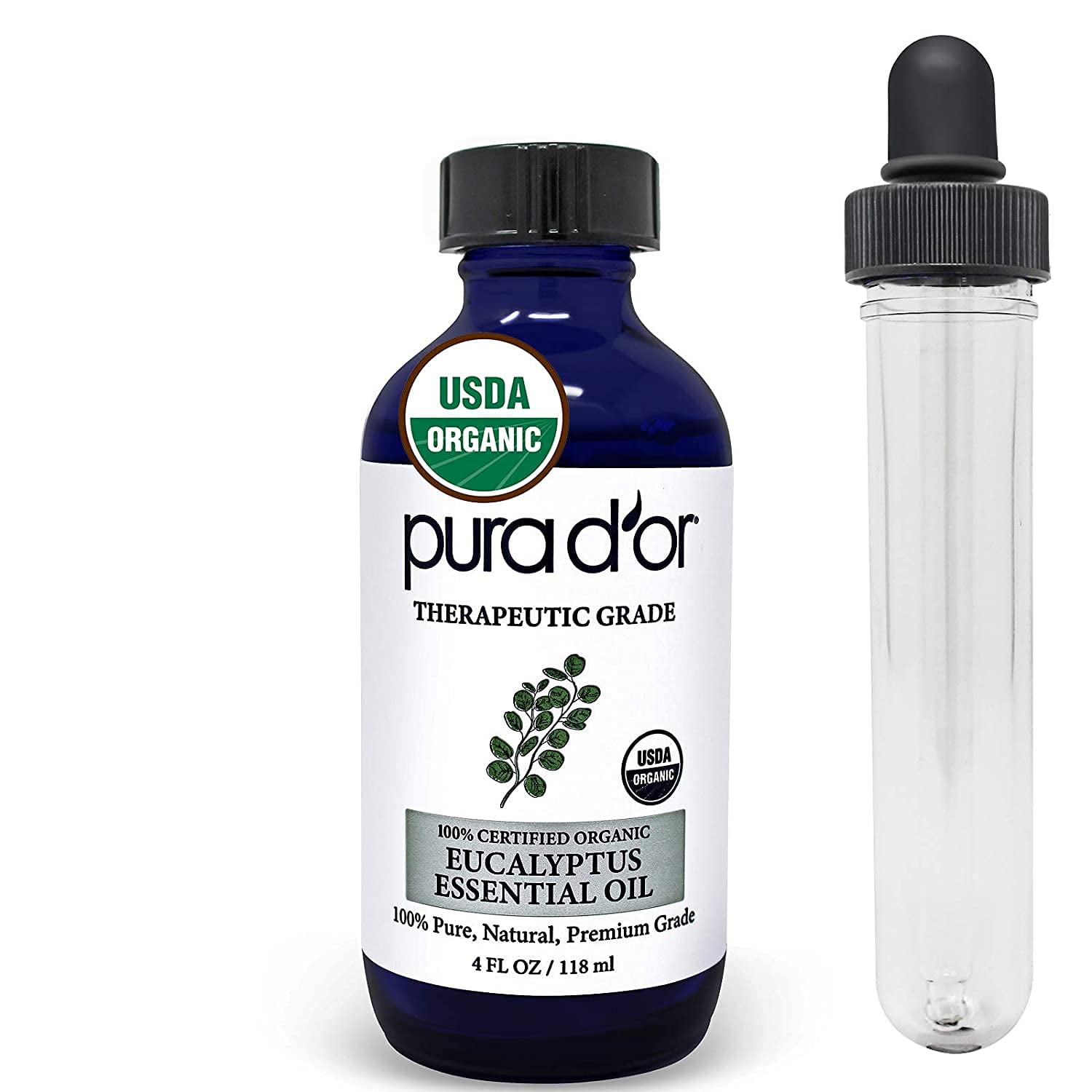 PURA D'OR Organic Eucalyptus Essential Oil (4oz with Glass Dropper) 100% Pure & Natural Therapeutic Grade for Hair, Body, Skin, Aromatherapy Diffuser, Relaxation, Massage, Raspatory, Home, DIY Soap
