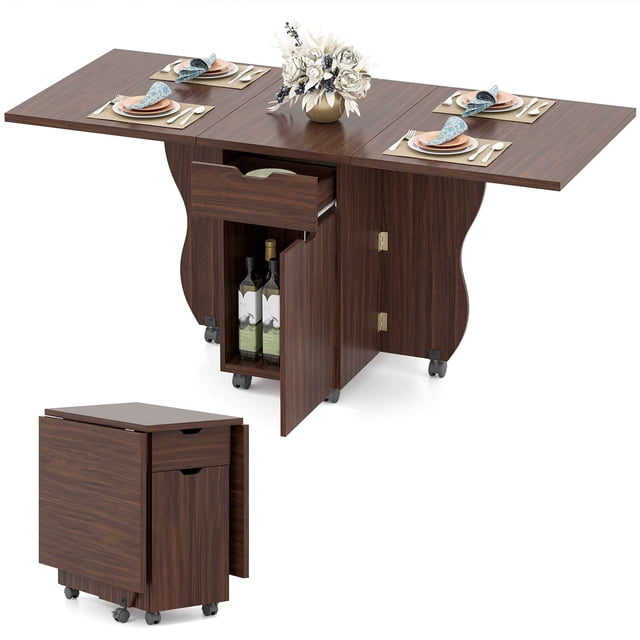 Costway Folding Dining Table with Lockable Wheels, 2 Drawers & 2 Cabinets for Small Spaces Walnut
