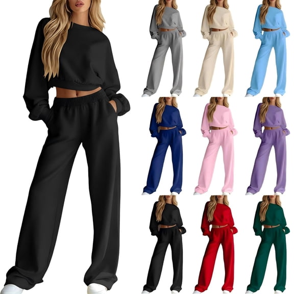 Tqcoqu Women's 2 Piece Set 2026,Solid Crop Crew Neck Sweatshirt & Elastic Waist Wide Leg Sweatpants 2 Piece Tracksuit Outfit Set,Casual Two Piece Outfit