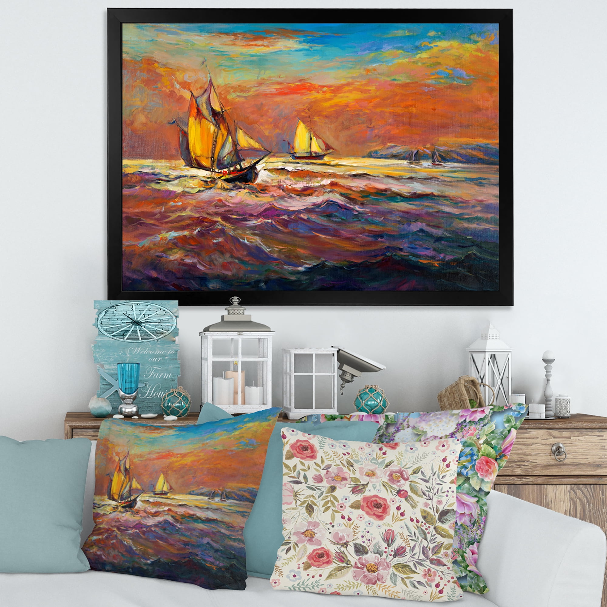 Sail ships On The Ocean Waves During Orange Evening Glow 20 in x 12 in Framed Painting Canvas Art Print, by Designart