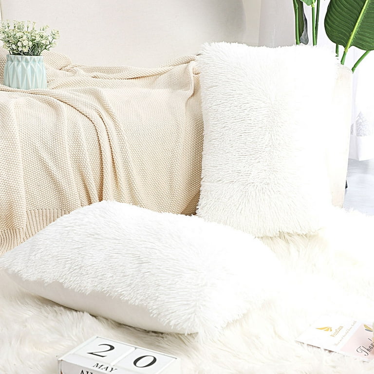 Inyahome White Throw Pillow Cover Plush Faux Fur Modern Textured