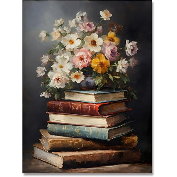 Vintage Floral Wall Art Moody Flower Books Still Life Art Oil Painting Prints Pictures Dark Academia Decor Posters for Room Aesthetic Bedroom Wall Decor 12x16in Unframed
