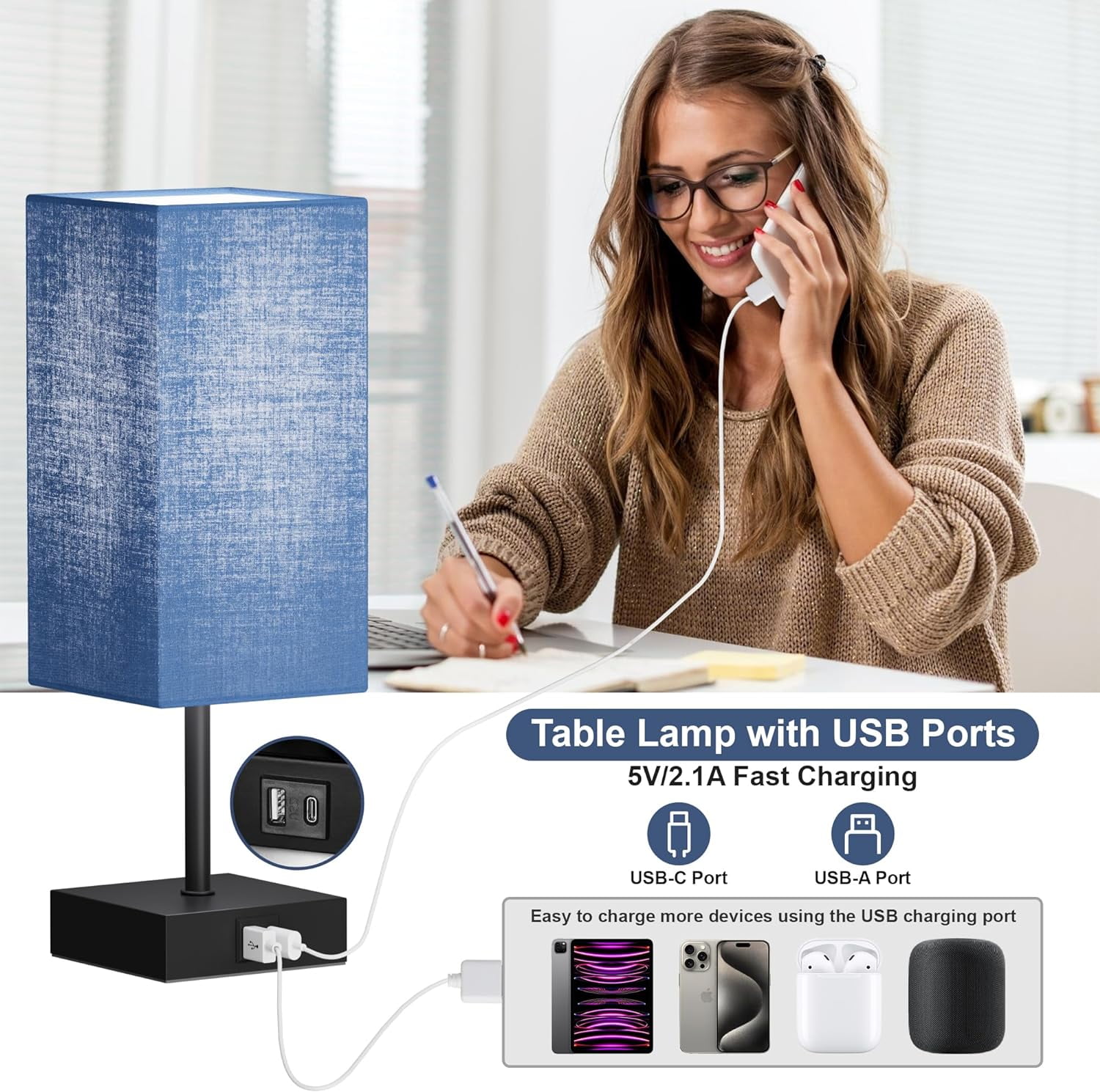 Hansang Bedside Table Lamp for Bedroom Set of 2,3 Way Dimmable Touch Lamp with USB C+A Charging Ports, LED Bulbs Included