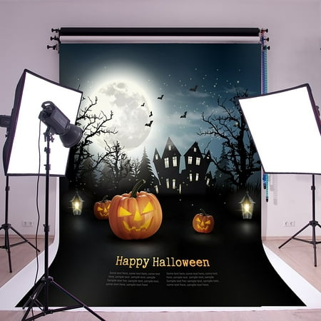 Image of MOHome 5x7ft Happy Halloween Photography Backdrops Black Castle Background Big Moon Photo Shoot