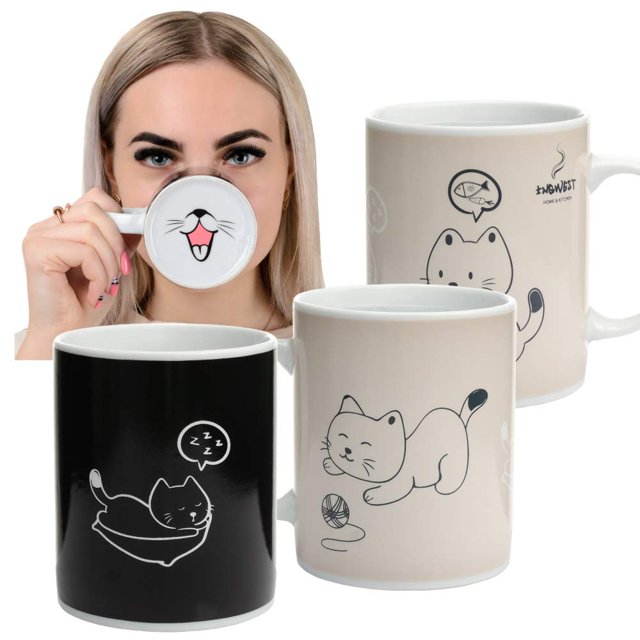 En Gwest. Taza de café que cambia de color sensible al calor con gato divertido. Taza mágica muy linda con lengüeta en la parte inferior.