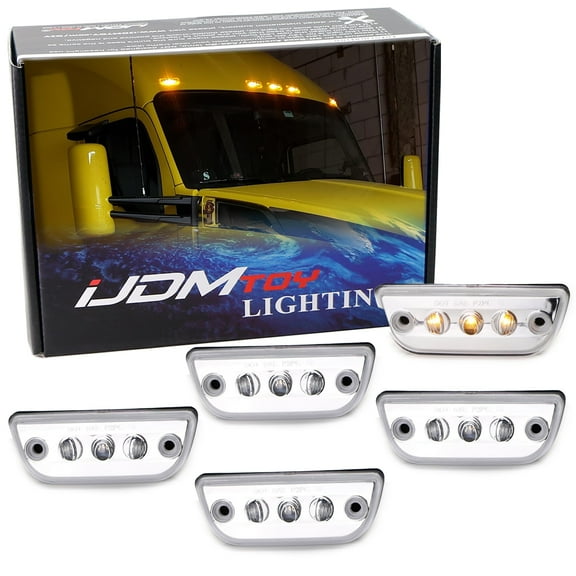 5pc Clear Lens Chrome Finish Super Bright Amber Full LED Front Cab Roof Marker Lights For Kenworth T680 T770 T880, Peterbilt 579 Semi-Truck