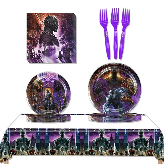JMOCD 51Pcs Purple Black Panther Party Tableware Set, Birthday Party Supplies Decorations Set, tablecloth,Plates, Napkins,Cutlery,10 Guests