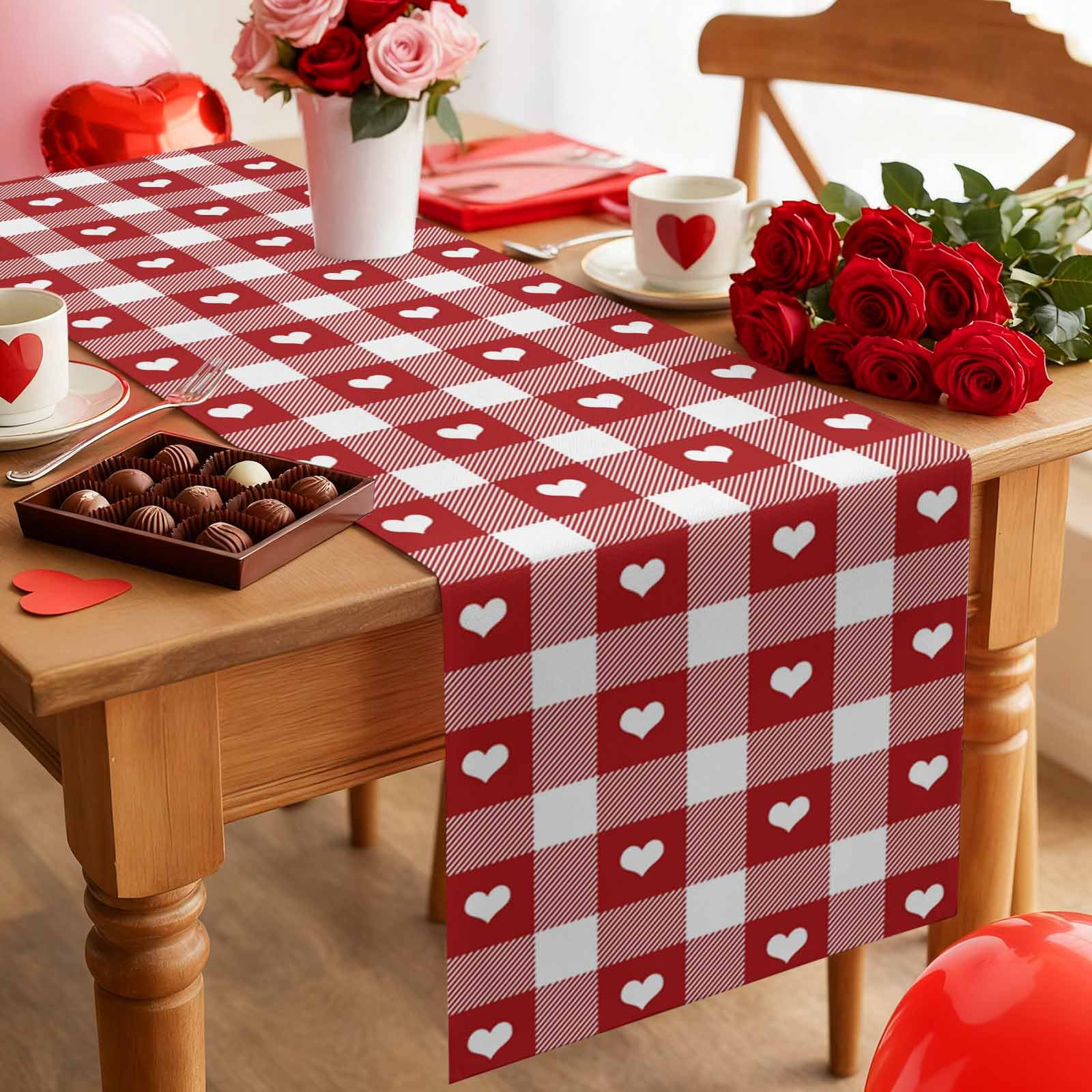 Valentine's Day Cotton Linen Table Runner Romantic Love Heart Red White Plaid Dining Table Runners for Home Decor Party Dining Room Restaurant Kitchen Party 13" x 90"