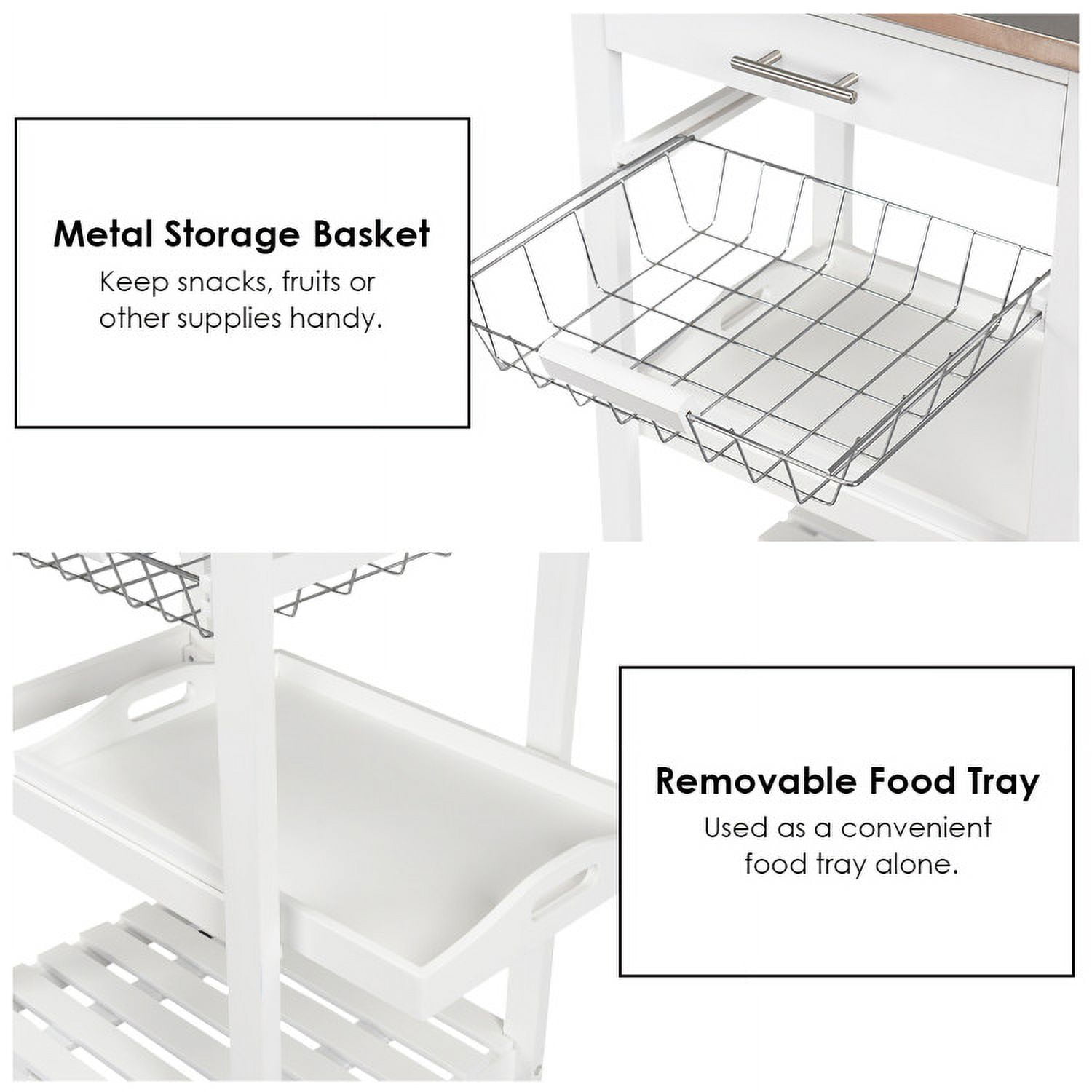 Finihen Rolling Cart, Kitchen Island Cart, Kitchen Island Cart with Stainless Steel Tabletop and Basket, for Kitchen, Dining Room, White Finihen Rolling Cart, Kitchen Island Cart, Kitchen Island Cart with Stainless Steel Tabletop and Basket, for Kitchen, Dining Room, White