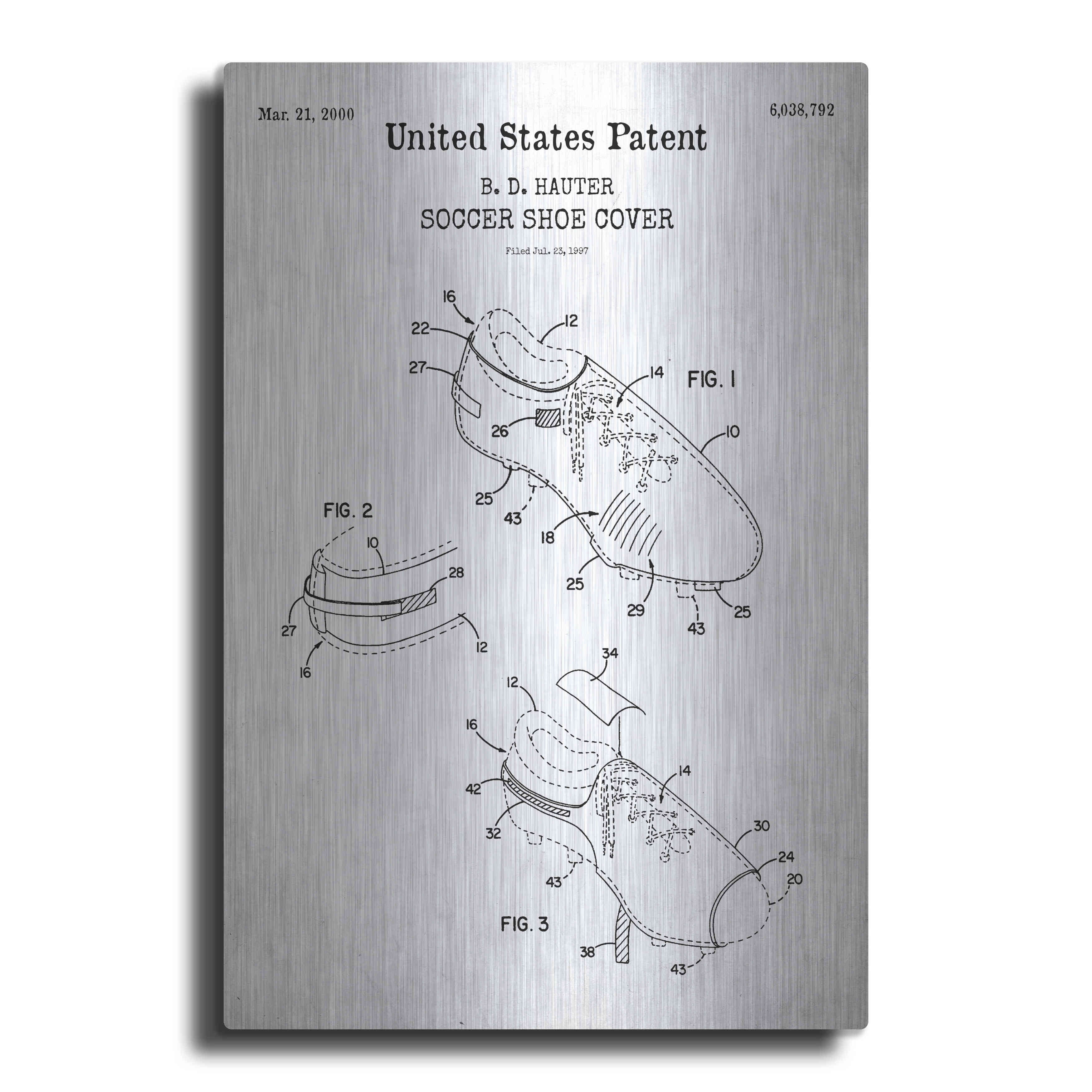 Luxe Metal Art 'Soccer Shoe Cover Blueprint Patent White' Acrylic Glass Wall Art, 16"x24