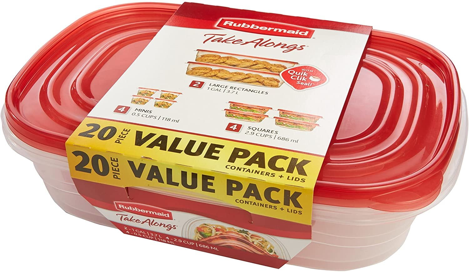 Rubbermaid TakeAlongs Rectangle Food Storage Container, 4 Cup, Tint Chili,  3 Count