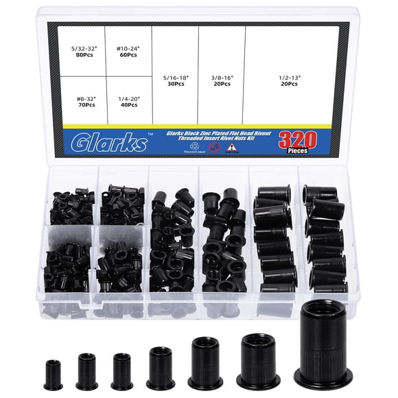 Glarks 320 Pcs 5/32 Pouces-32unc 8-32UNC 10-24UNC 1/4 Pouces-20unc 5/16 Pouces-18unc 3/8 Pouces-16unc 1/2 Pouces-13unc Kit d'Écrous à Rivet Tête Plate en Acier au Carbone Plaqué Zinc Noir