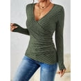 thumbnail image 3 of Women'S Long Sleeve Shirt V Neck Ribbed Knit Slim Button Sweater Autumn Casual Work Tops  Green S, 3 of 7