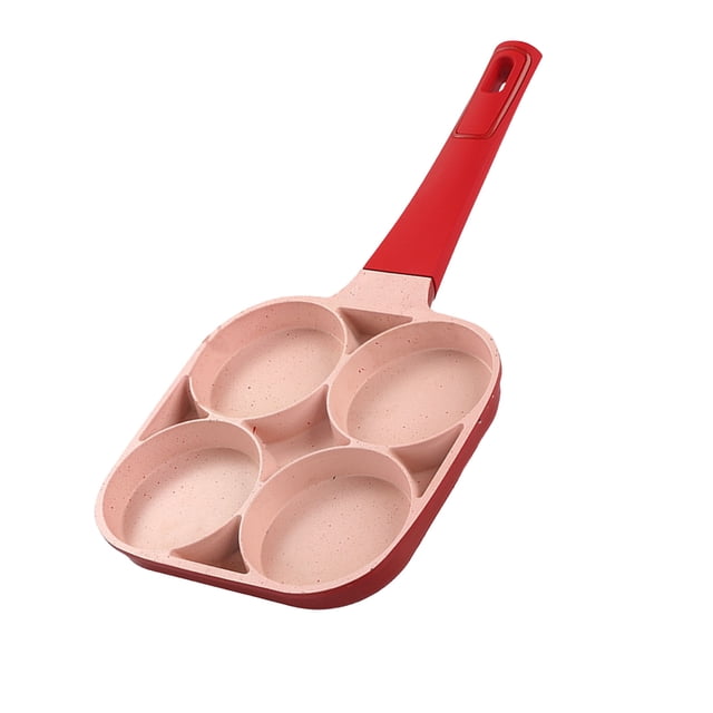 Sartén para freír huevos con 4 orificios, sartén antiadherente de fondo plano, sartén para tortilla de panqueques de 4 tazas para cocina, color rojo