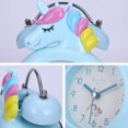 thumbnail image 5 of Reloj despertador analógico con diseño de unicornio rosa, reloj despertador para niños, silencioso por la mañana, doble campana, reloj de mesa silencioso con luz nocturna (azul) ER, 5 of 5