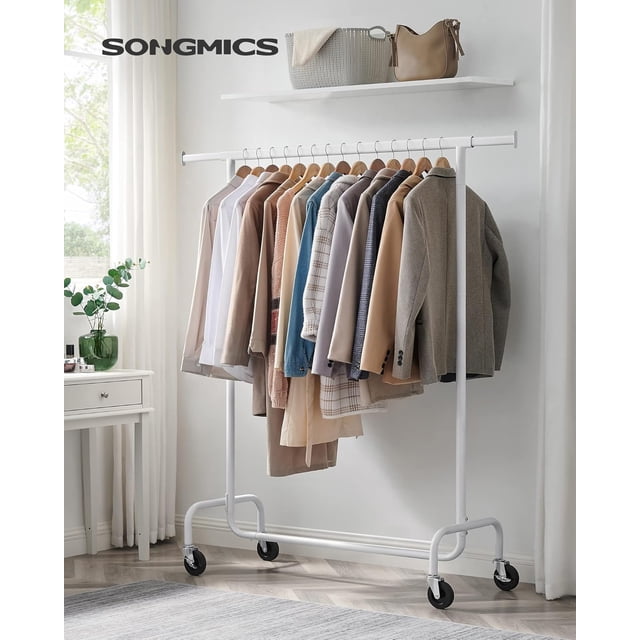 SONGMICS Burro Ropa con Ruedas, Perchero Burro Extensible, Carga Pesada, Carga de 130 kg, Fácil de Montar, Portátil, Blanco Mate