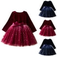 thumbnail image 5 of Odeerbi Kids Girls Christmas Corduroy Dress Fall Winter Long Sleeve Dress Gradient Tulle Dress Round Neck Mesh Princess Bow Skirt Kids Clothes Blue, 5 of 5