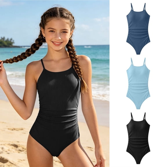 Girls Swimsuit 1 Piece Bathing Suit Sport Beach Bathing Suit Quick Dry Adjustable Straps Black Girls' Swimwear 15-16 Years