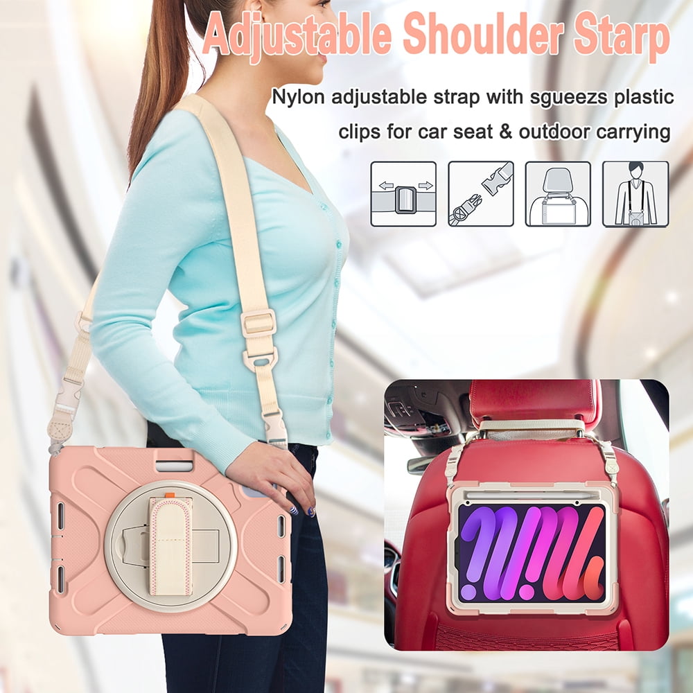 For Apple iPad Mini 6 (2021) Heavy Duty Rugged Hybrid with Kickstand, Shoulder Hand Strap, Pencil Holder Shockproof Full Protective Cover ,Xpm Phone Case [Pink]