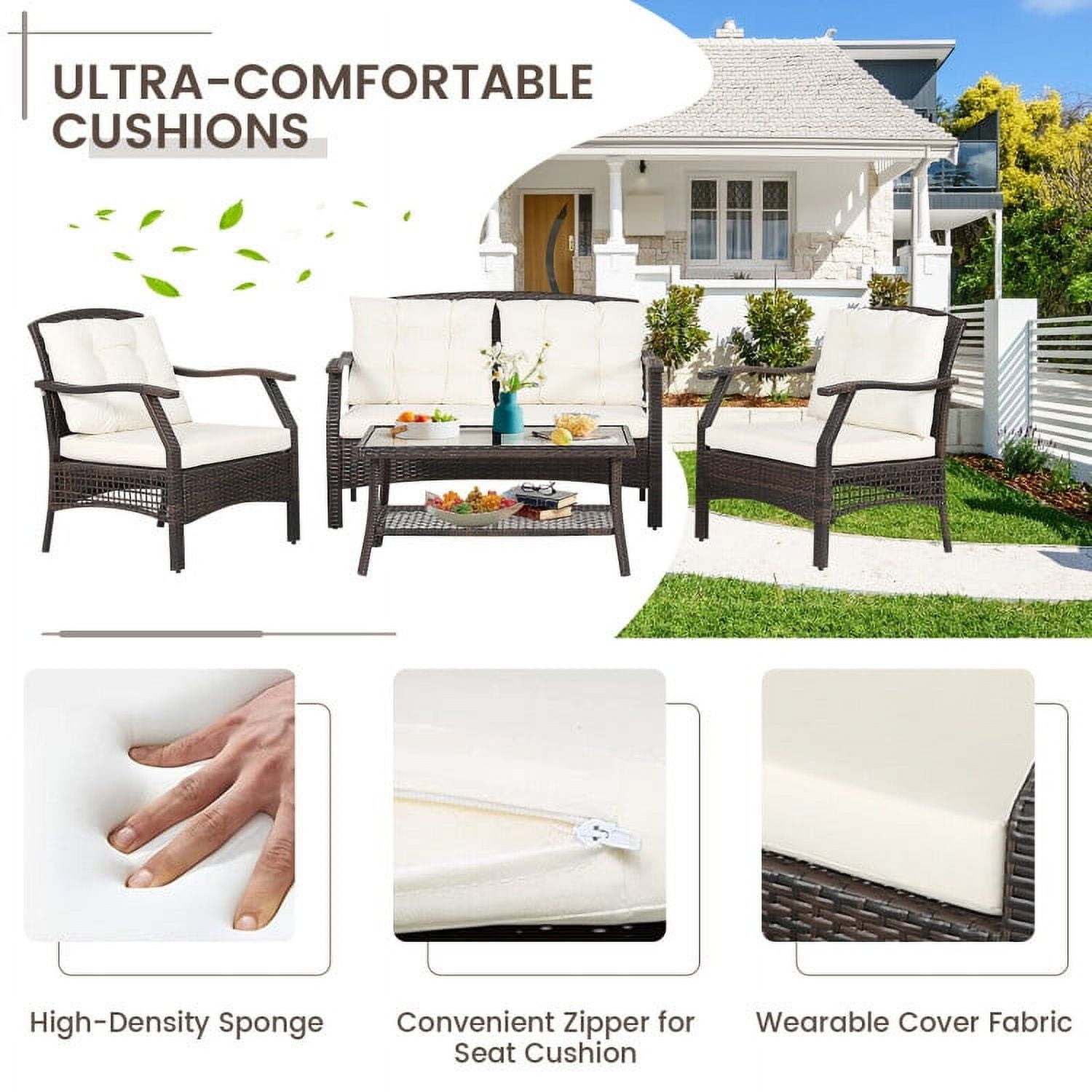 Aimee Lii 4 Pieces Outdoor Rattan Conversation Set, Outdoor Patio Furniture with Waterproof Cover, White