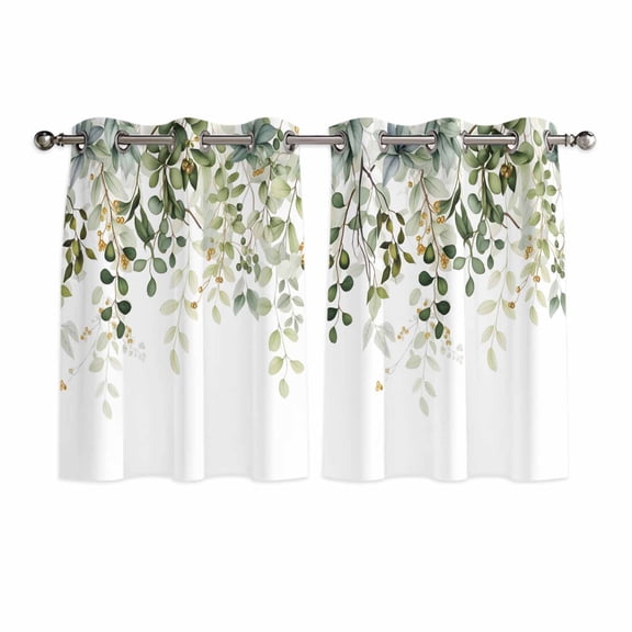 Sage Green Eucalyptus Leaves Kitchen Curtains Window Panels, Spring Botanical Floral Insulated Window Treatment Curtain, Grommet Curtains for Bedroom/Living Room/Bathroom, 2 Piece 42"Wx54"L