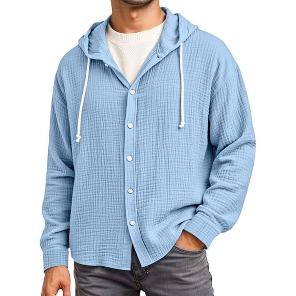 IWRICH Hoodie for Men Drawstring Hooded Button down Beach Hippie Shirt Lightweight Soft Long Sleeve Blouse Tops Sky Blue XL