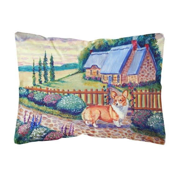 Carolines Treasures 7168PW1216 Pembroke Corgi at the Cottage Canvas Fabric Decorative Pillow, 12H x16W, multicolor