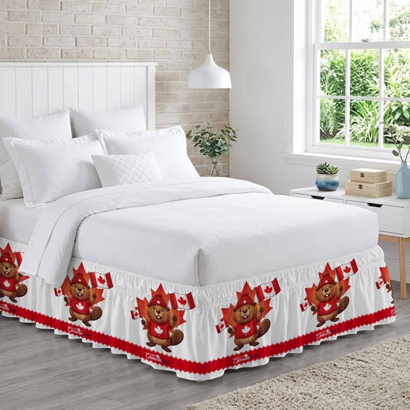 Happy Canada Day Bed Skirt Queen Size 16 Inch Drop, Red Maple Leaf Flag Beaver Animal Adjustable Elastic Dust Ruffles Bedskirt for Queen Bed Wrap Around Pleated Mattress Frame Cover