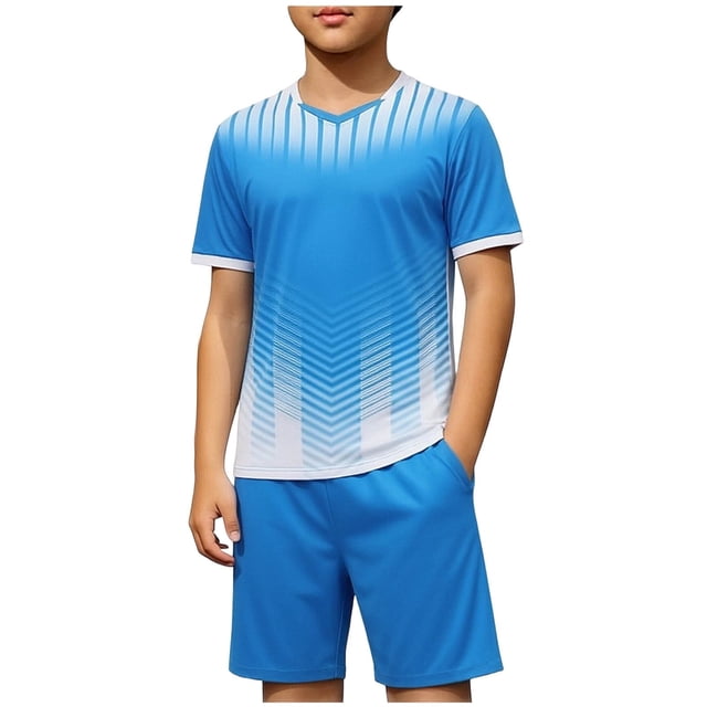 Odeerbi Niños Niñas Rápido Seco Juego de Entrenamiento de Fútbol Gradiente Geométrico Impresión Cuello En V Camiseta Shorts Conjunto Atlético Para 5-17 Años