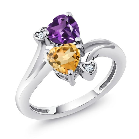 1.38 Cttw Purple Amethyst and Yellow Citrine Ring for Women | 925 Sterling Silver | Heart Shape 6MM | Gemstone Birthstone | Wedding Engagement Anniversary Promise Ring for Women| Size 8
