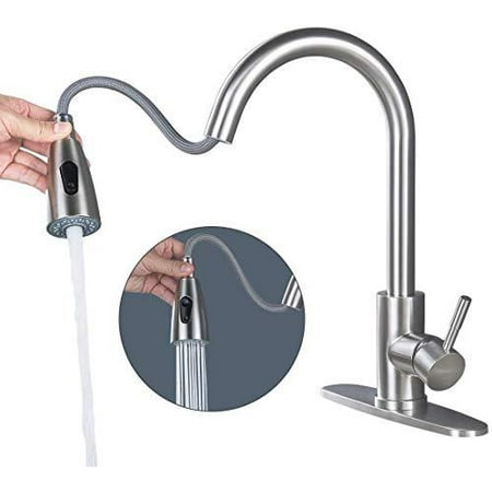 WOWOW Single Handle High Arc Pull Out Sprayer Kitchen Faucet Lead-Free Stainless Steel Kitchen Sink Faucet 360 Swivel Modern Brushed Nickel Pull Down ...
