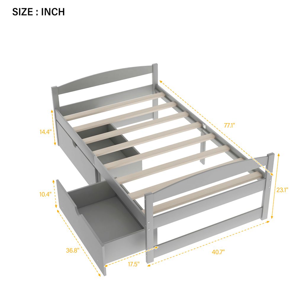 Modern Twin Size Platform Bed Frame with Two Long Drawers, Saving Space, MDF Bed Frame with Wooden Slat Support, for Living Room Bedroom, Gray - image 4 of 7