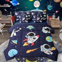 Homewish Cartoon Astronaut Rocket 7-Piece Bedding Comforter Set,Galaxy Planet King Bedding Sets,Starry Sky Bed Sheets For Boys Kids,Ultra Soft Home Decor Reversible