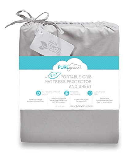 PUREgrace Playard Mattress Sheet and Protector in one - Made with All Natural Hypoallergenic Tencel, Waterproof Cover Protects and Fits Pack N Play, Mini Portable Crib Mattresses, or Co-Slee