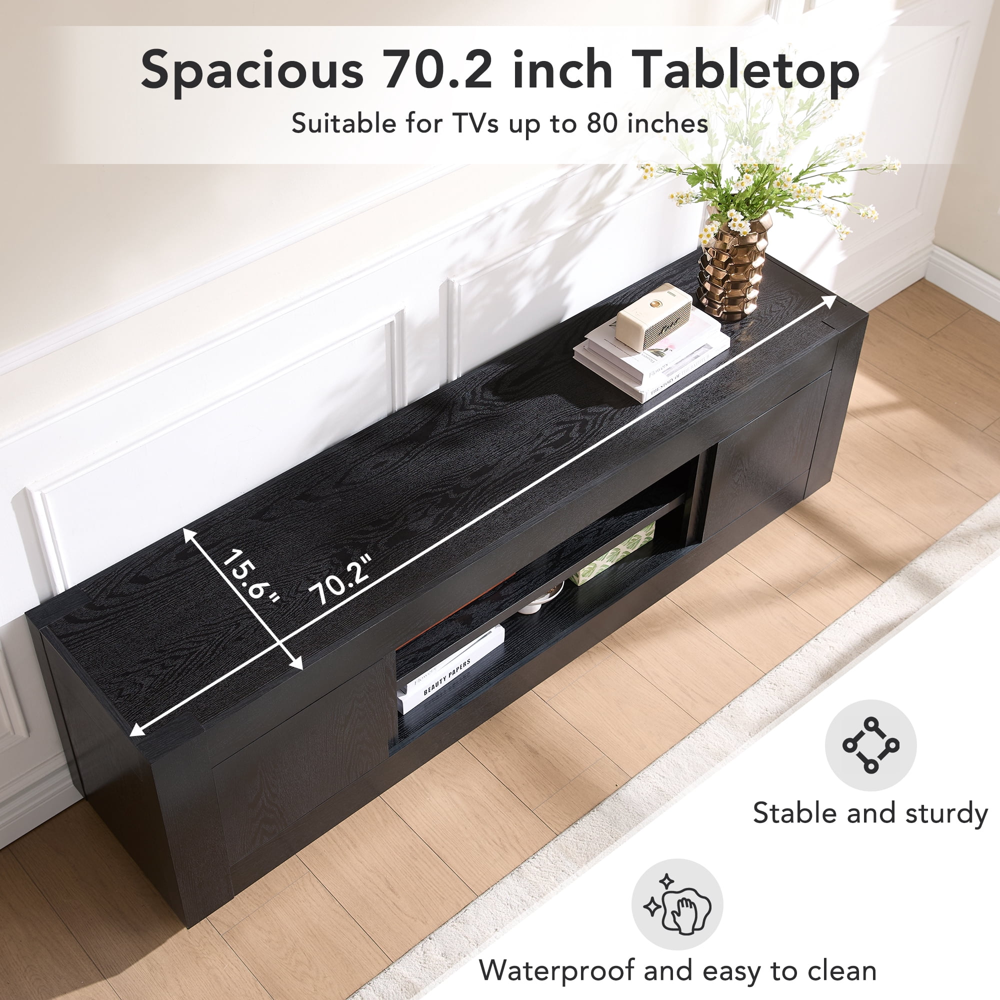 KeyWhat 70" Modern Low Profile TV Stand for TVs up to 80", Open Storage & Adjustable Shelves